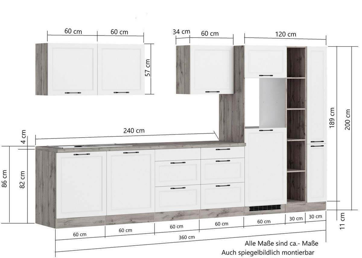 Küchenzeile Meran mit Geräten B: 360 cm Weiß/Eiche Dekor - Eiche Wotan/Weiß, LIFESTYLE, Holzwerkstoff (360cm) - Held