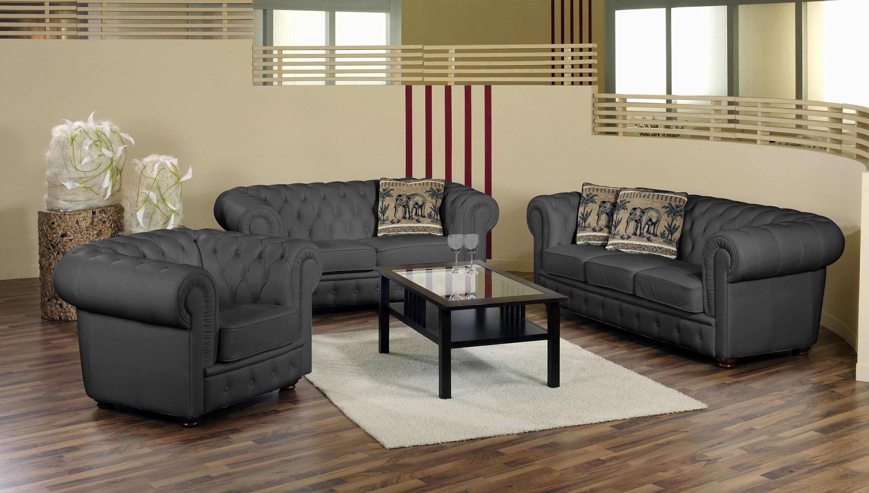 Chesterfield-sofa Bridgeport Schwarz 2-Sitzer, Echtleder - Nussbaumfarben/Schwarz, Design, Leder (172/76/98cm) - Max Winzer