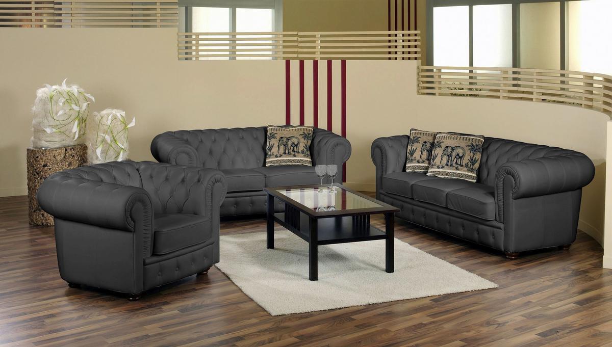 Chesterfield-Sofa Bridgeport Schwarz 3-Sitzer, Echtleder - Nussbaumfarben/Schwarz, Design, Leder (200/76/98cm) - Max Winzer