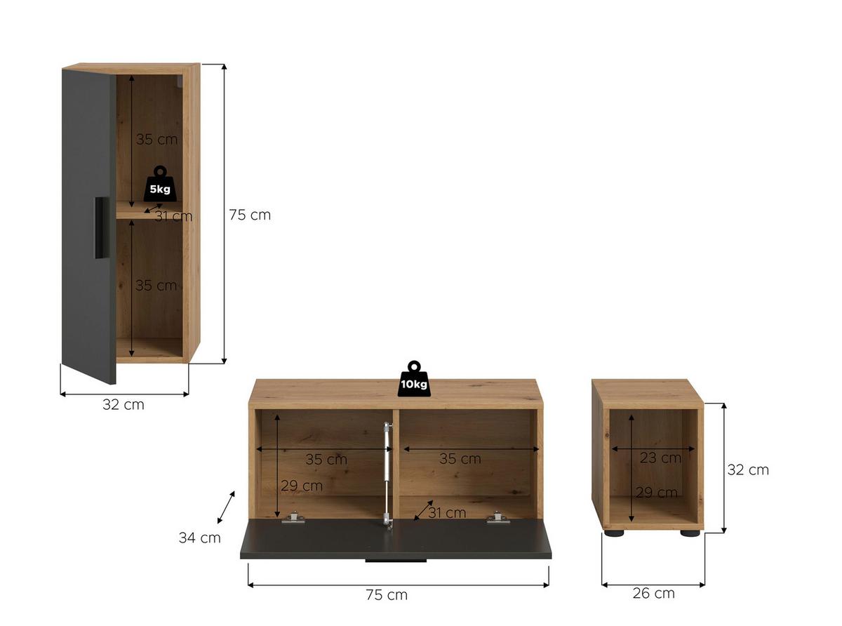 Wohwand, The One Grau/artisan Eiche Dekor - Schwarz/Eiche Artisan, Trend, Holzwerkstoff (75/75/34cm)