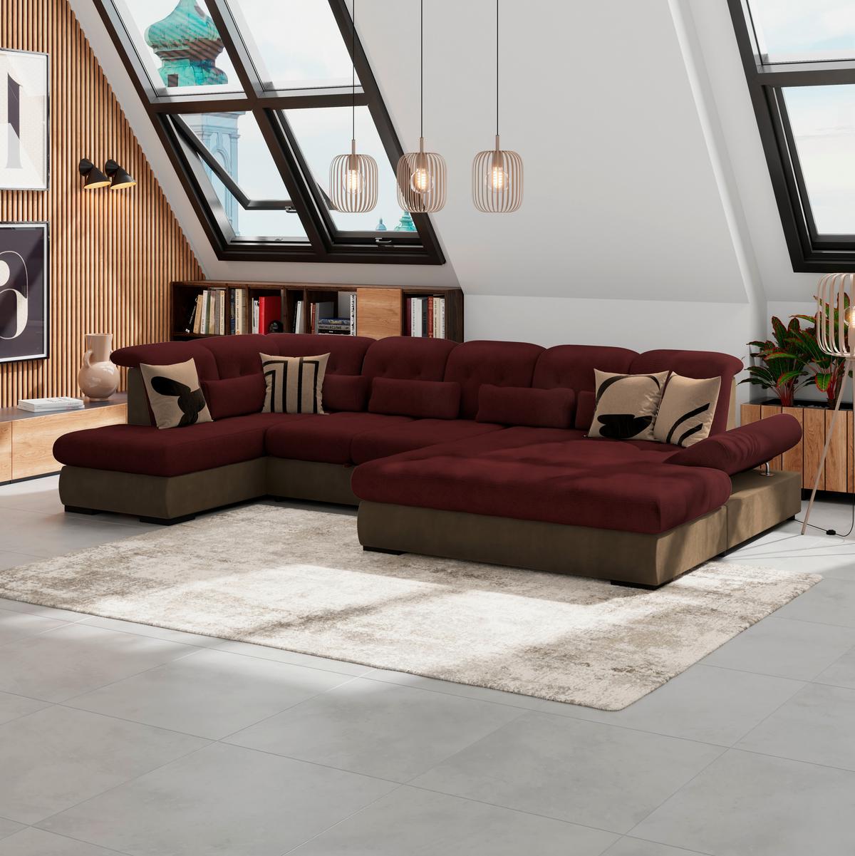 Wohnlandschaft Madera Mit Schlaffunktion Rubinrot - Hellbraun/Rot, KONVENTIONELL, Kunststoff/Textil (212/358/190cm)