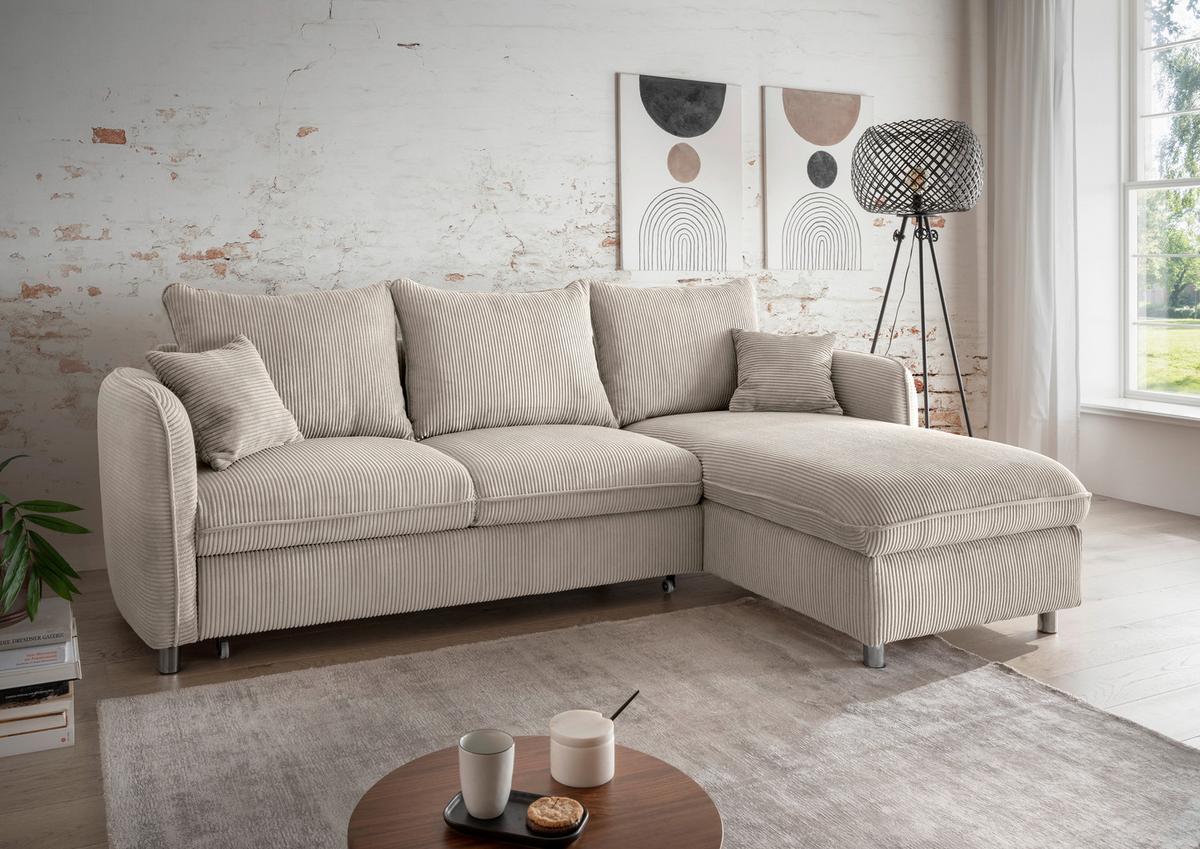 Eckschlafsofa Lauritio, Beige S: 254x160 cm - Chromfarben/Beige, MODERN, Textil (254/160cm) - Livetastic