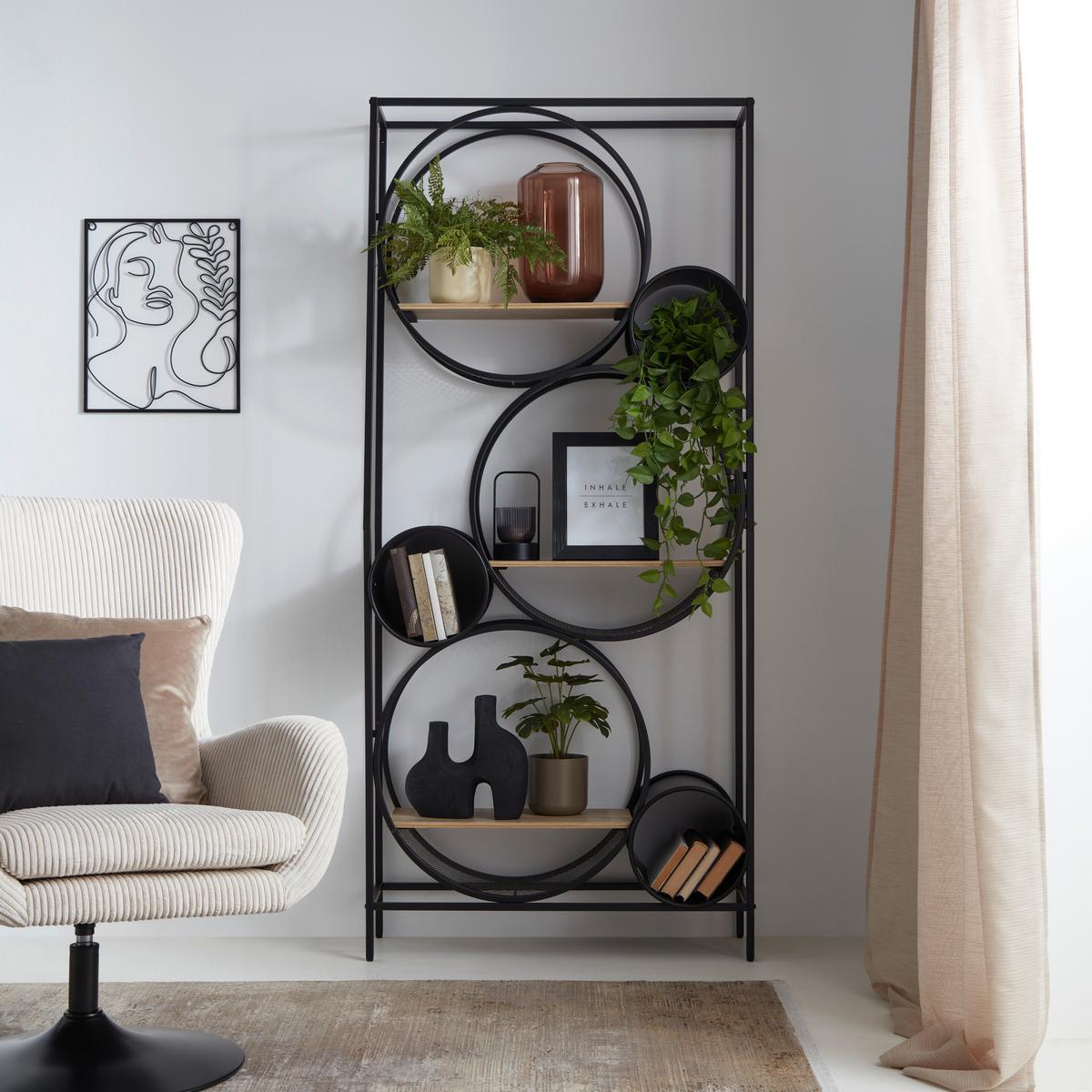 Regál CIRCLE čierna/prírodná - čierna/prírodná farba, Modern, kov/kompozitné drevo (84/186/30cm) - Premium Living