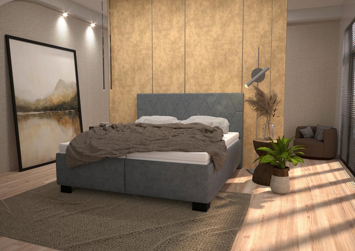 Čalúnená posteľ FERAMA 180x200 cm, tmavosivá - čierna/prírodná farba, Modern, drevo/textil (180/200cm)