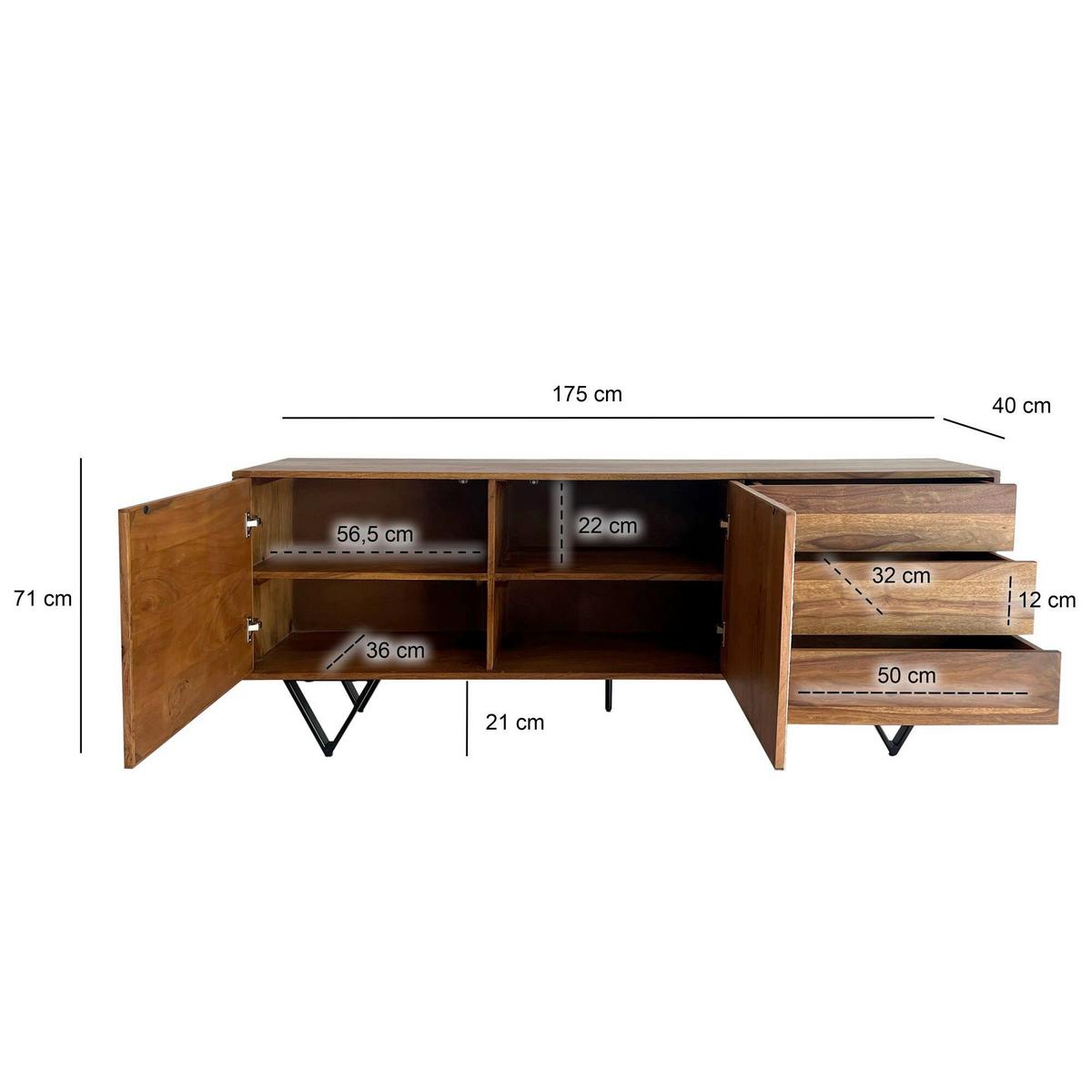 Sideboard Sheeshamfarben B: 175cm - Sheeshamfarben/Schwarz, Natur, Holz (175/71/40cm) - Livetastic
