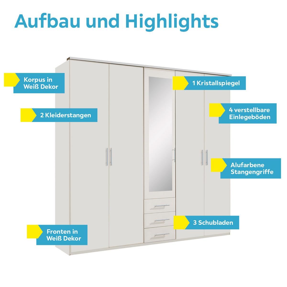 Drehtürenschrank Mit Spiegel + Laden 225cm Ben, Weiß - Weiß, KONVENTIONELL, Glas/Holzwerkstoff (225/210/58cm) - MID.YOU
