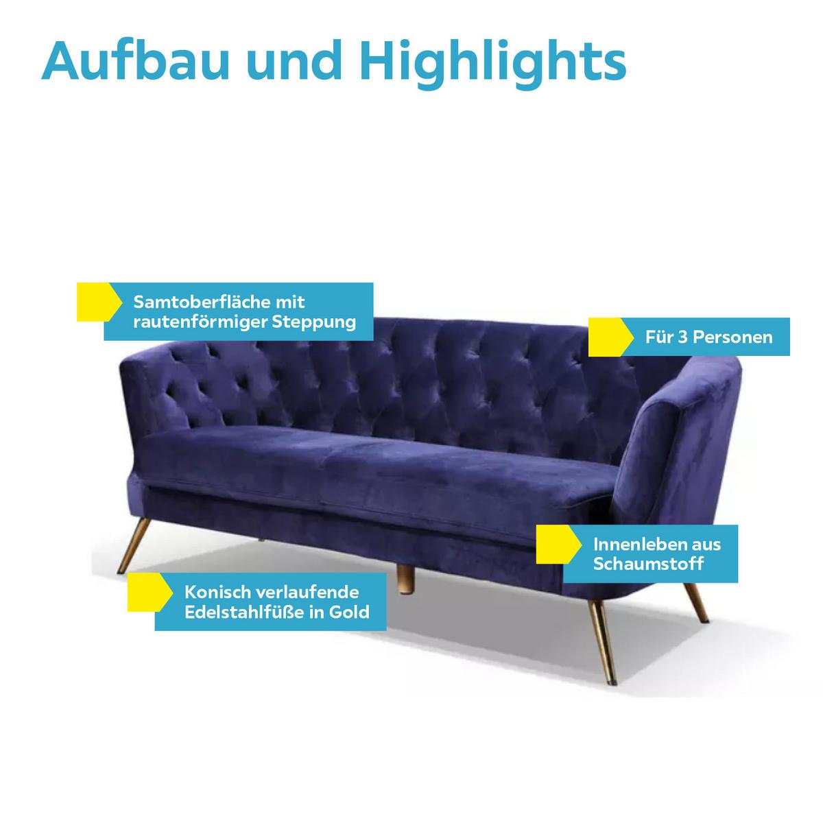 3-sitzer-sofa Lita Gelb Samt Chesterfield-Design - Gelb/Goldfarben, MODERN, Textil/Metall (183/78/83cm) - Ti'me