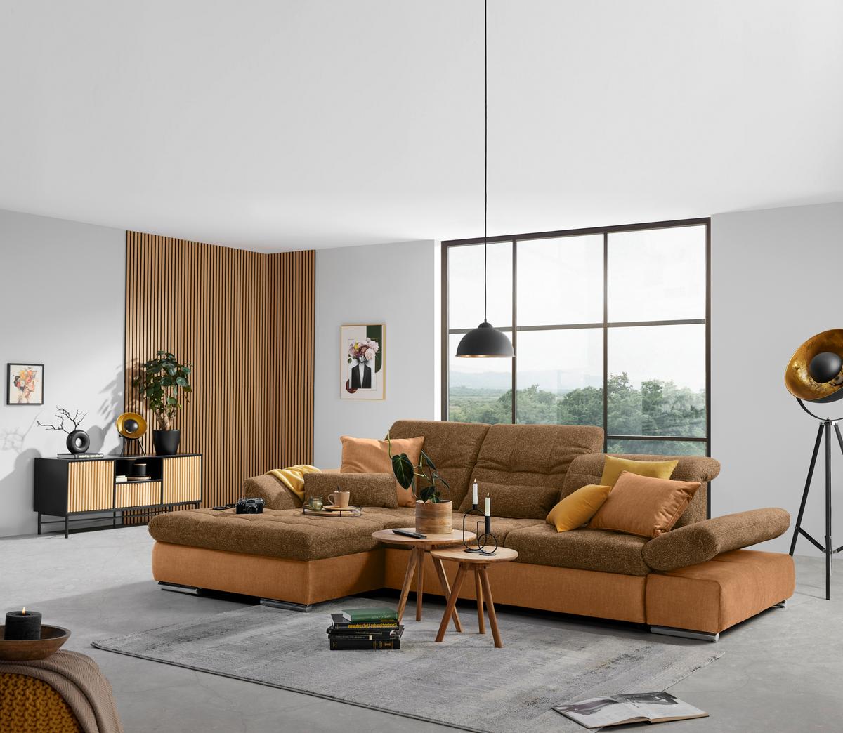 Rohová sedačka SANFINO, ľavá, horčicovožltá / koňaková - horčicovožltá/chrómová, Konventionell, kov/drevo (199/79-96/305cm) - Premium Living