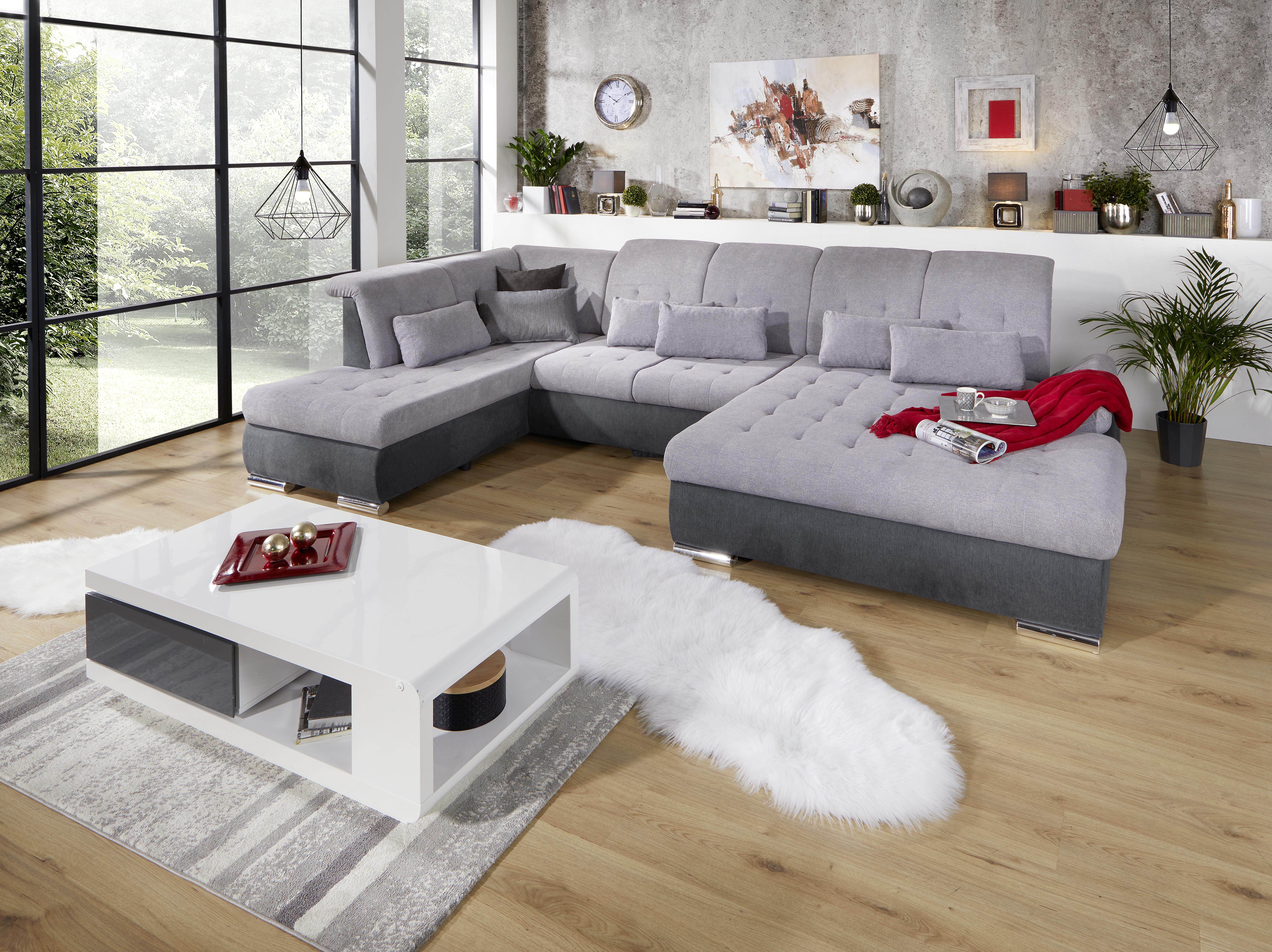 Wohnlandschaft mit Schlaffunktion Madera Webstoff - Anthrazit/Silberfarben, MODERN, Kunststoff/Textil (212/358/190cm) - Ondega