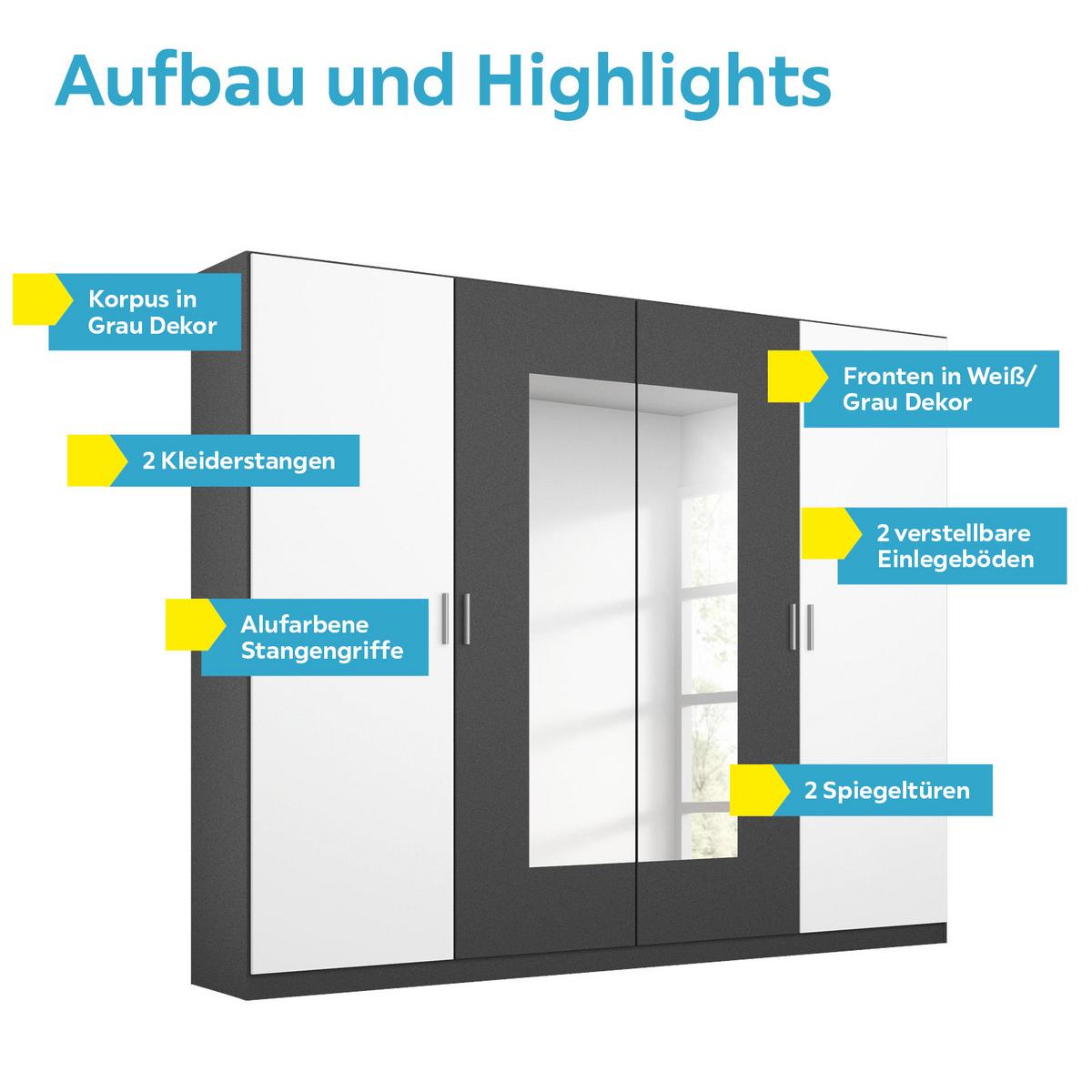 Drehtürenschrank Mit Spiegel 226cm Borneo, Weiß/grau - Weiß/Grau, Basics, Holzwerkstoff (226/210/54cm) - Rauch Möbel