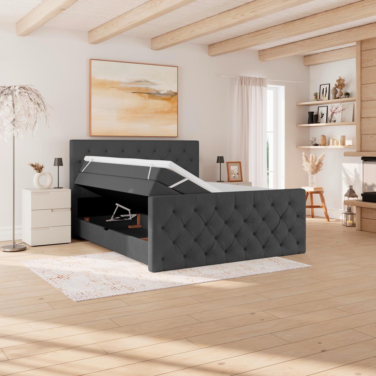 Boxspringbett Elio Graphitfarben 160x200 cm H3 - Beige/Schwarz, ROMANTIK / LANDHAUS, Textil (160/200cm) - James Wood
