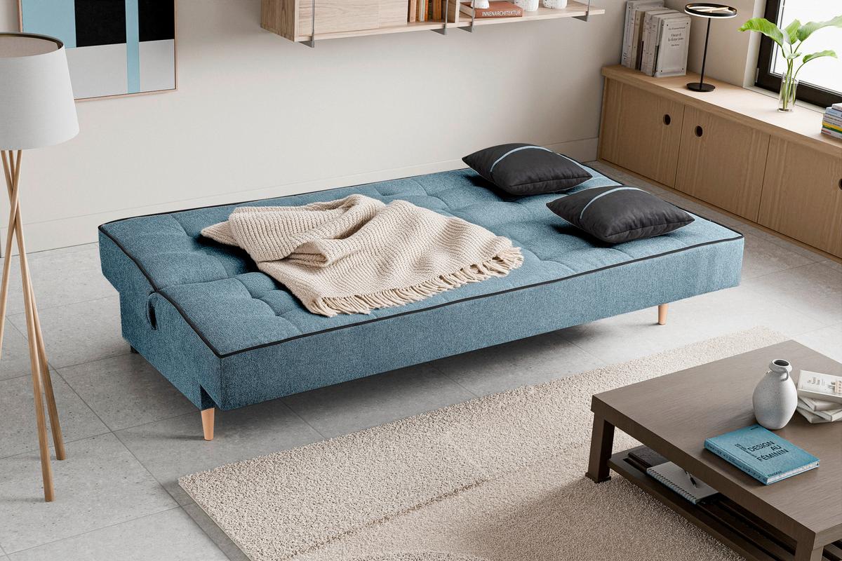 Schlafsofa Bono Blau B: 199cm - Hellbraun/Blau, Basics, Holz/Textil (199/91/91cm) - MID.YOU