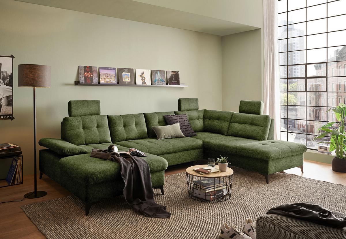 Wohnlandschaft Durban Mit Bettfunktion Olivgrün - Schwarz/Olivgrün, KONVENTIONELL, Textil (170/324/218cm) - MID.YOU