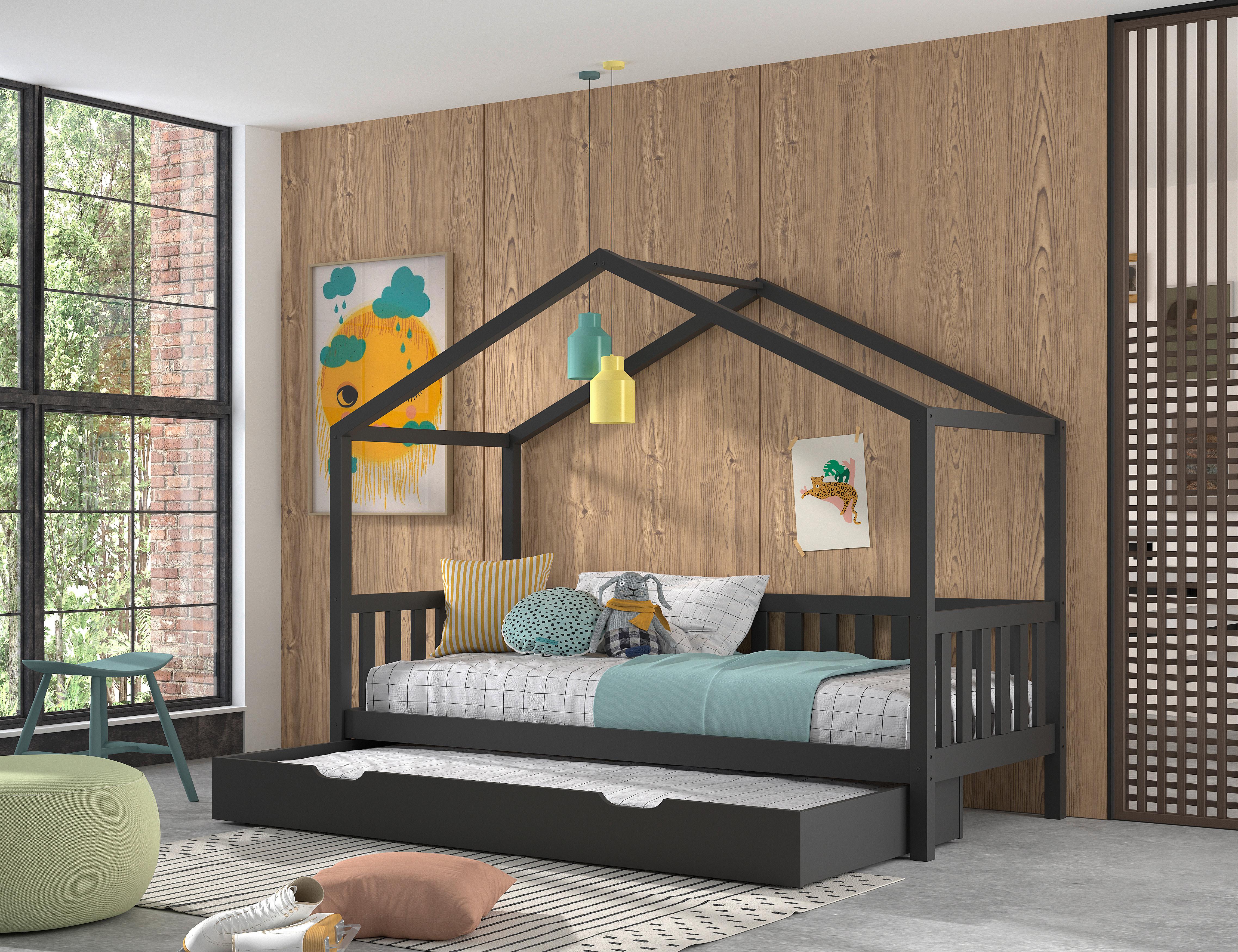 Detská posteľ v tvare domčeka s roštom a zásuvkou 90x200cm - antracitová, Romantik / Landhaus, drevo (90/200cm) - MID.YOU