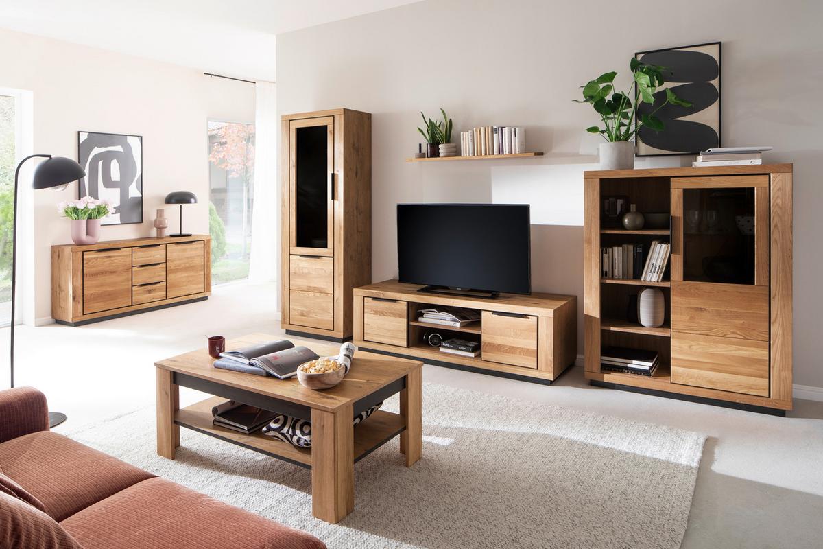 Wohnwand Wildeiche, B: 387 Cm - Wildeiche/Schwarz, Design, Glas/Holz (387/200/54cm) - MID.YOU