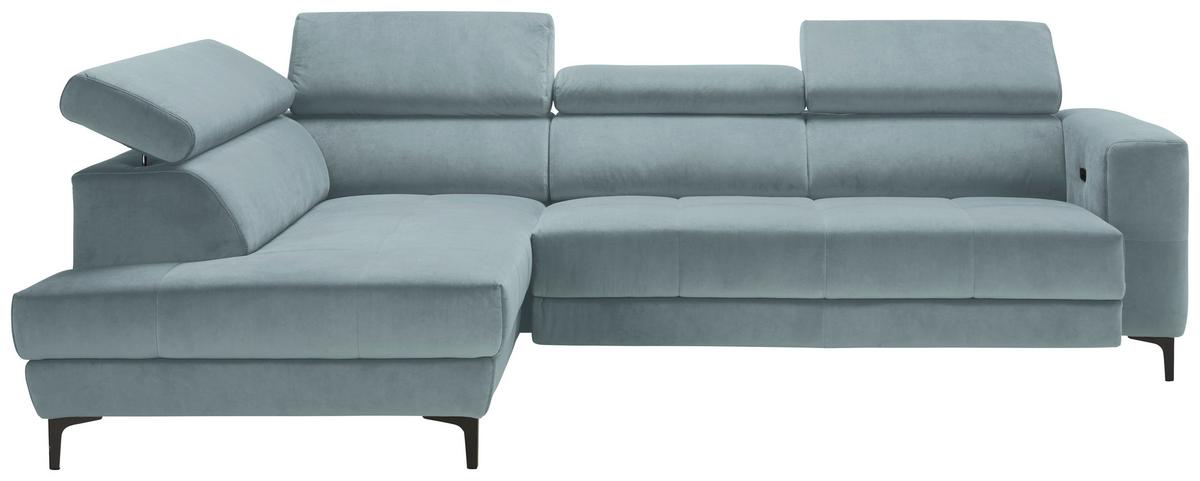 Rohová sedačka EMMA, levá, sv.modrá,op.hl.,USB,el.výsuv - černá/světle modrá, Moderní, textil (210/301cm) - Premium Living