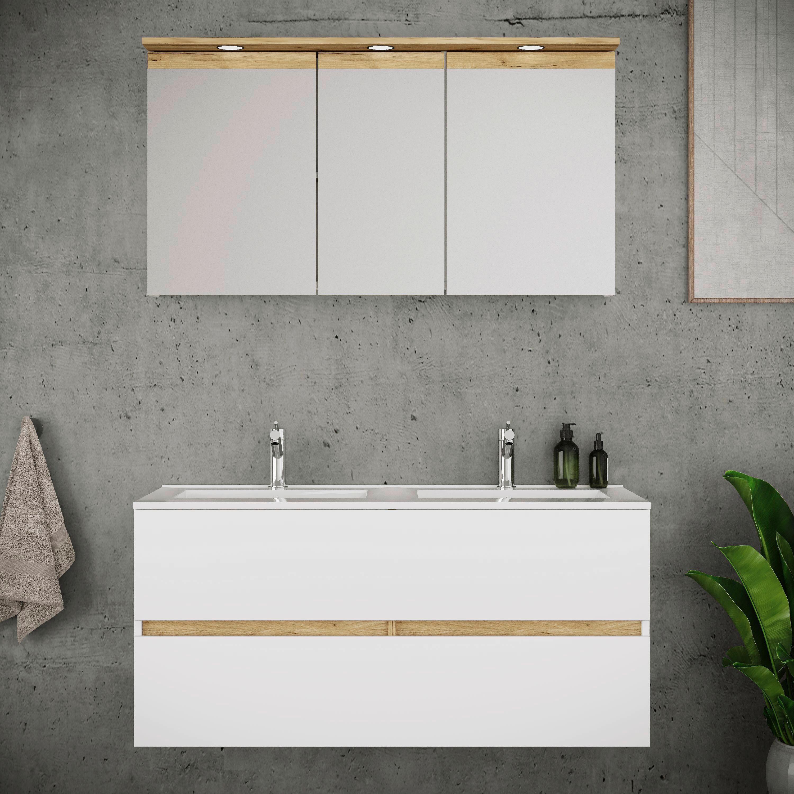 Fürdőszobabútor Cosila - méztölgy színű/fehér, Trend, faalapú anyag/kerámia (112cm) - MID.YOU