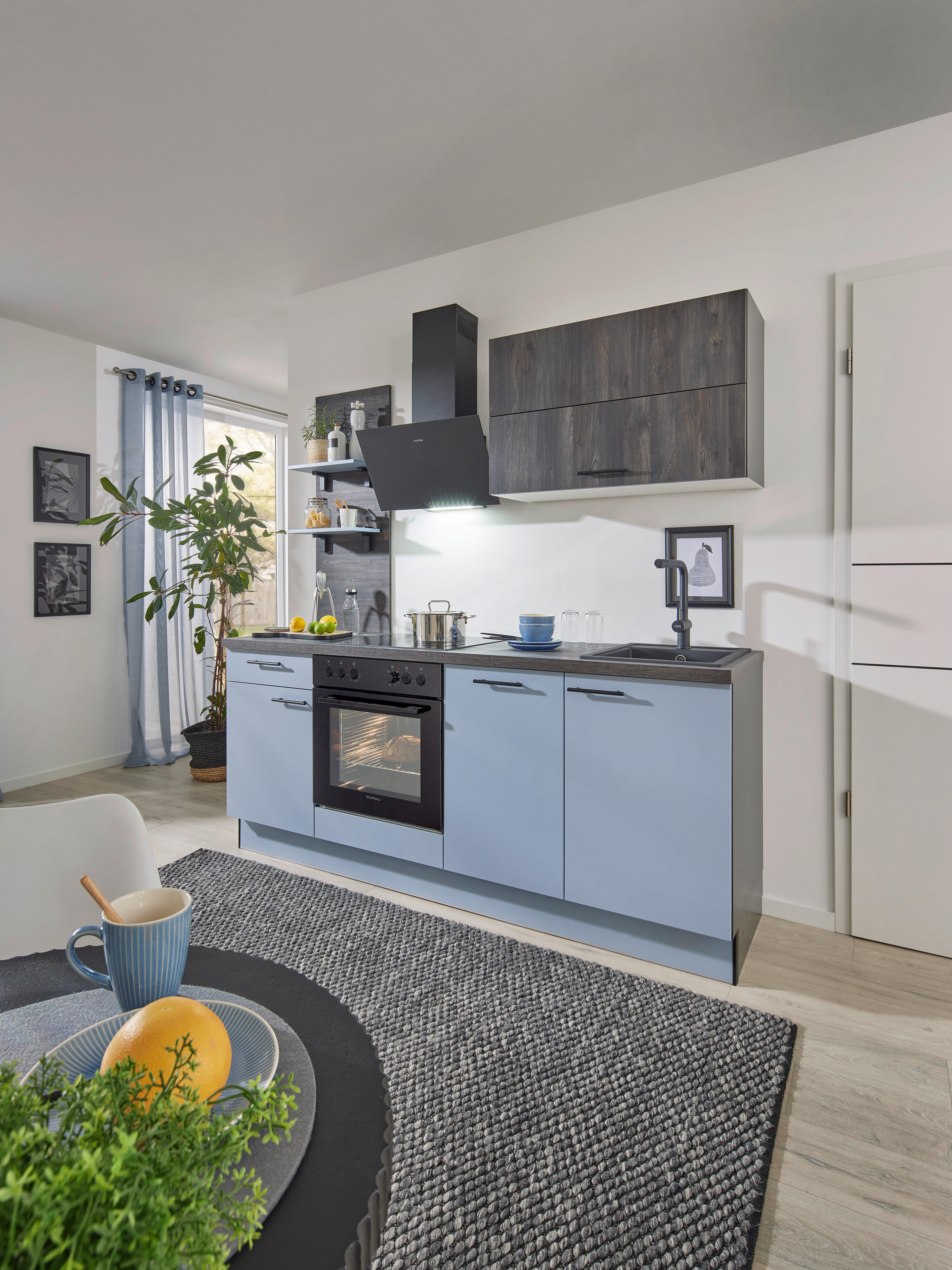 Küchenblock Pn105 / Pn 100 - Eiche dunkel/Pastellblau, Basics, Holzwerkstoff (205cm) - Pino