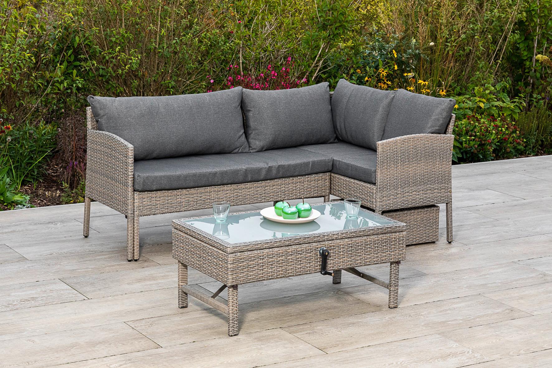 Loungegarnitur Viletta Aus Kunststoffgeflecht mit Kissen - Beige, MODERN, Glas/Kunststoff (190/113cm) - Gardenson