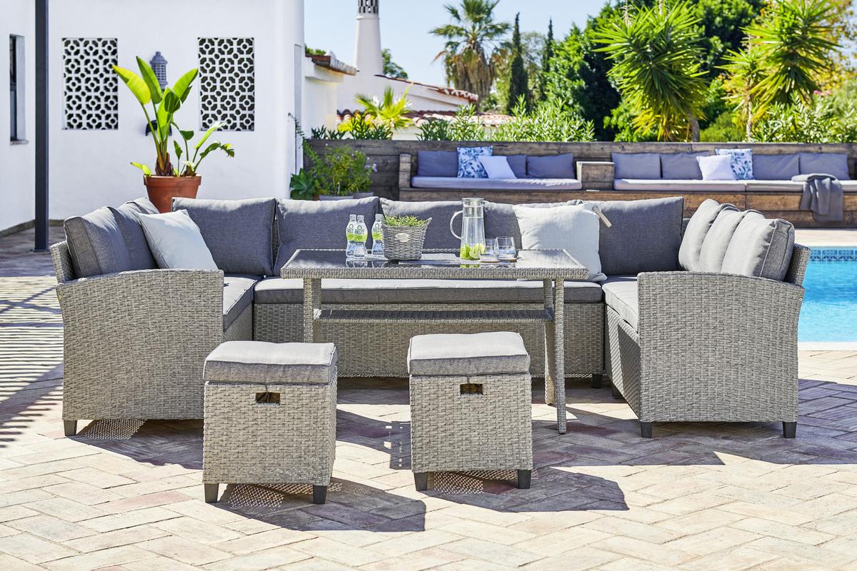 Loungegarnitur 6-tlg Athena In Rattan-Optik Mit Kissen - Schwarz/Grau, MODERN, Glas/Kunststoff - Beldano