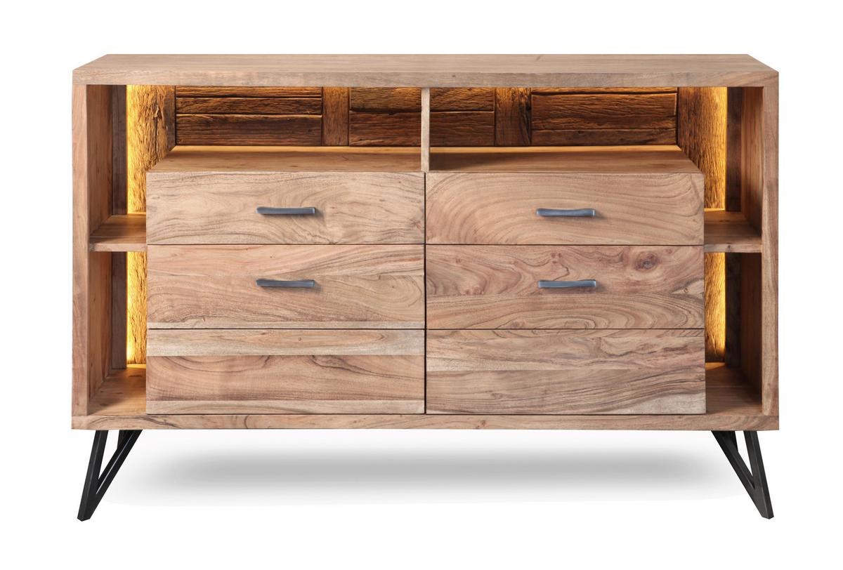 Kommode Indira Akazie Massiv, B: 145 cm - Schwarz/Akaziefarben, ROMANTIK / LANDHAUS, Holz (145/94/40cm)