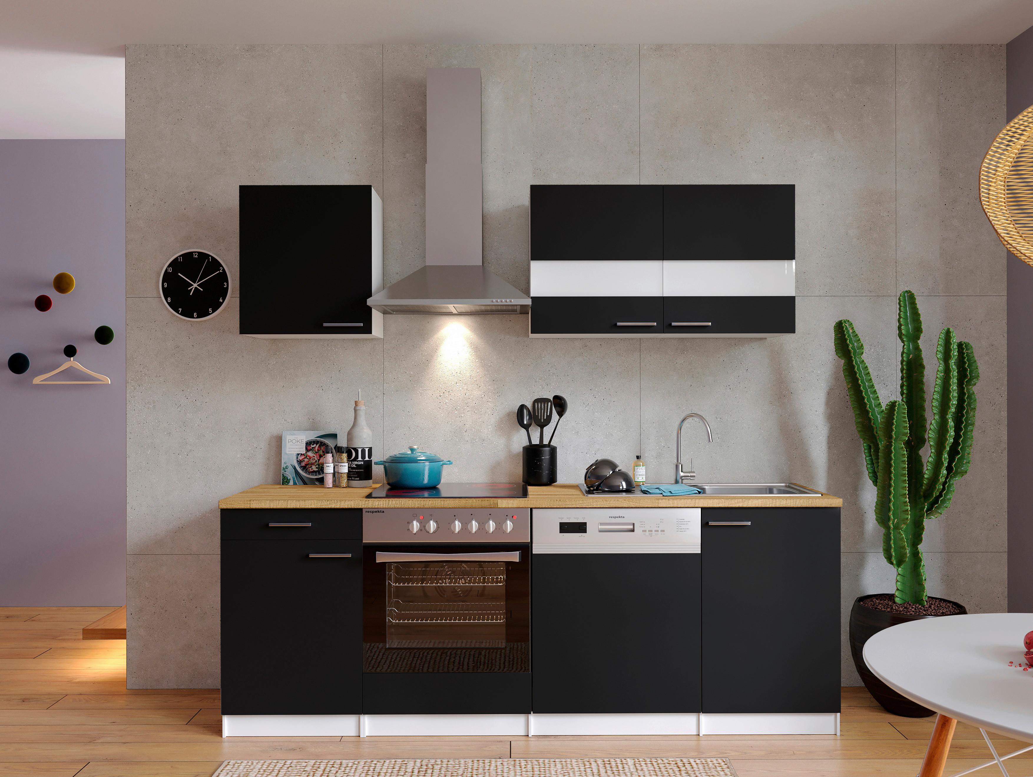 Küchenzeile Economy mit Geräten 220 cm Schwarz/Nussbaum Dekor - Nussbaumfarben/Schwarz, Basics, Holzwerkstoff (220cm) - Respekta