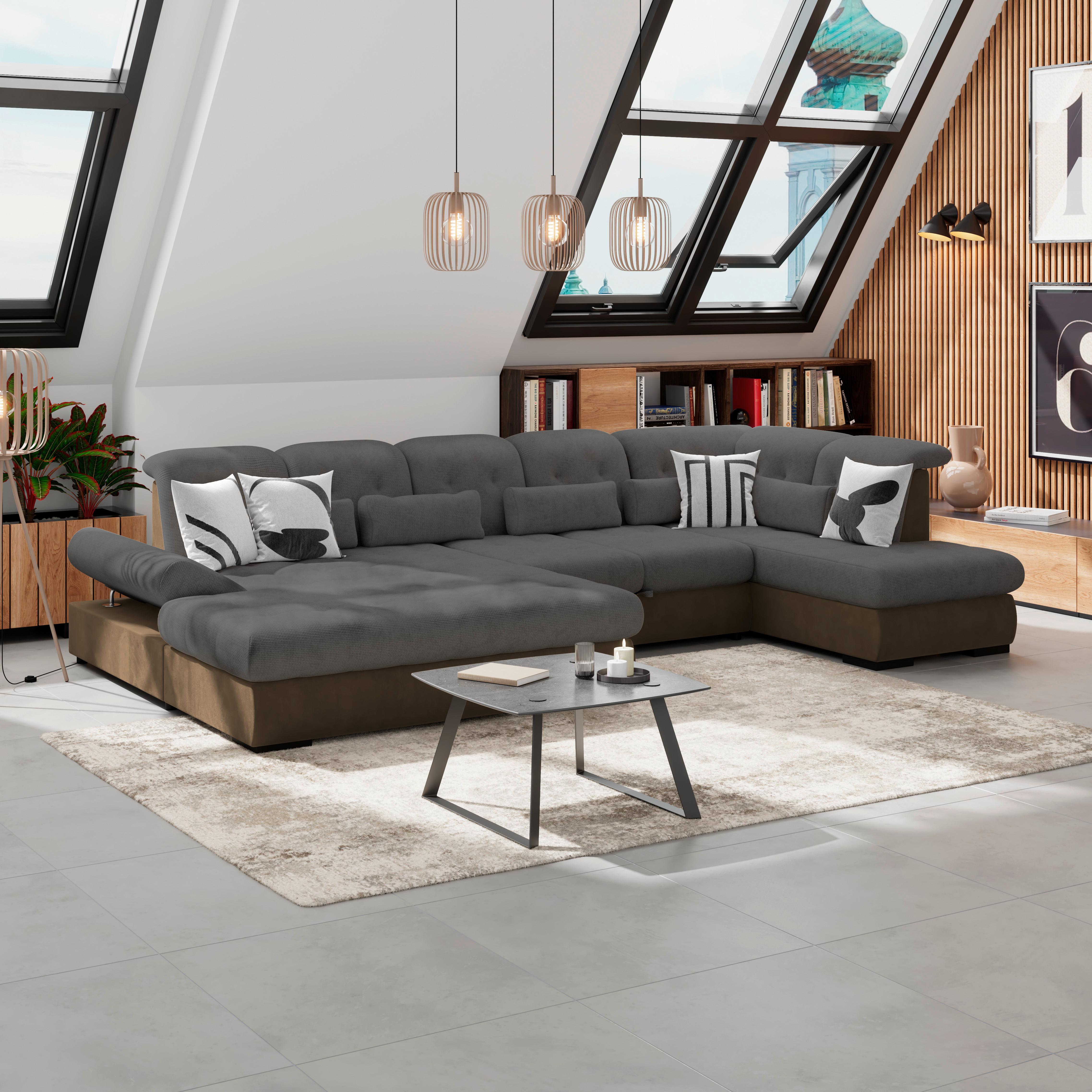 Wohnlandschaft Madera Anthrazit S: 358x312 Cm - Hellbraun/Anthrazit, KONVENTIONELL, Kunststoff/Textil (190/358/212cm)