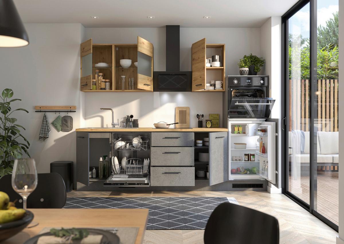 Küchenblock Capri D. Grau/eiche Dekor B: 280 Cm - Dunkelgrau/Eiche Artisan, Basics, Glas/Holzwerkstoff (280cm) - MID.YOU