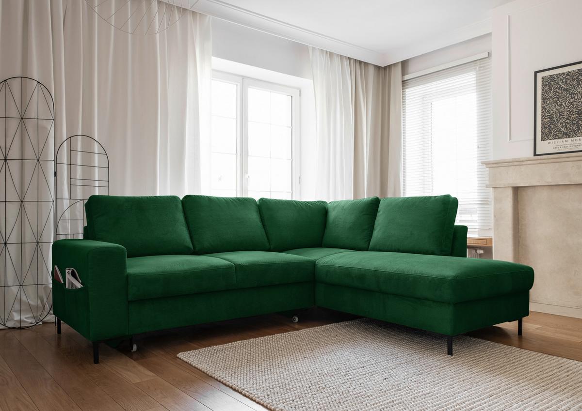 Sedačka LEONIE L, pravá, smaragdovozelený menčester - čierna/smaragdovozelená, Design, kov/drevo (237/197cm)