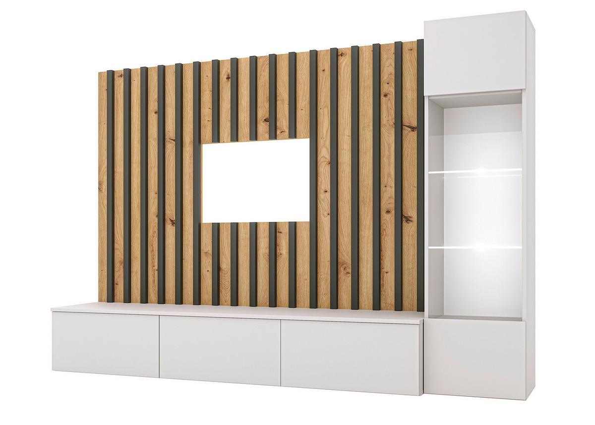 Obývacia stena LAMEL - čierna/sivá, Design, kompozitné drevo/sklo (220/148/35cm) - MID.YOU
