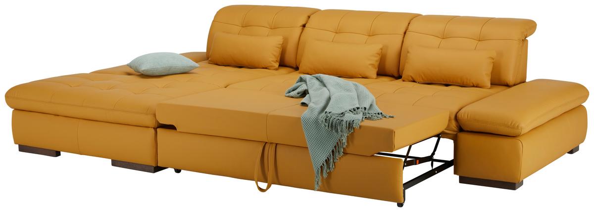 Rohová sedačka SANFINO, ľavá, kari žltá pravá koža - chrómová/kari žltá, Konventionell, kov/koža (199/305cm) - Premium Living