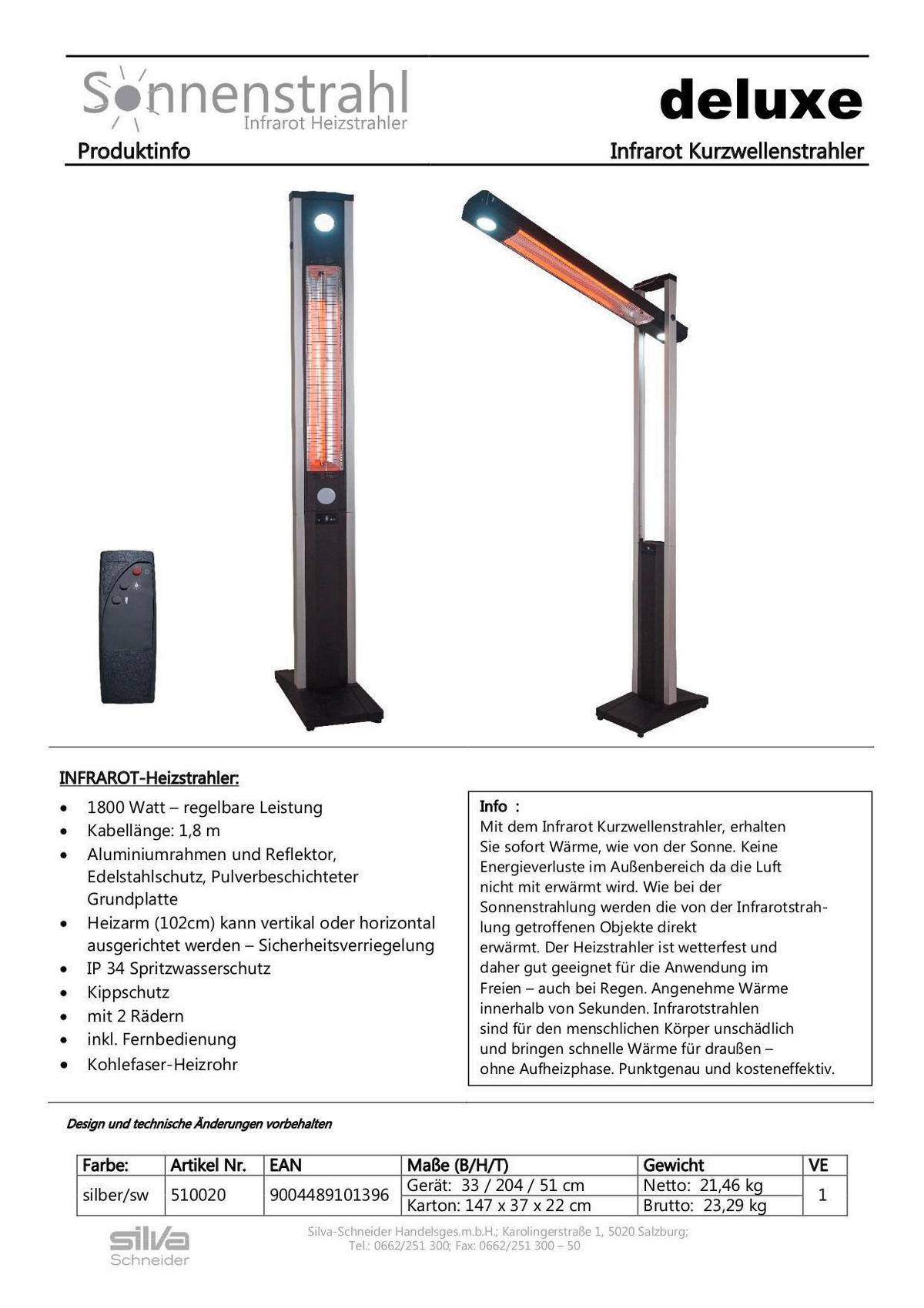 Stand-terrassenstrahler 1.800 W Deluxe Infrarot Auf Rollen - Edelstahlfarben/Schwarz, Basics, Kunststoff/Metall (33/204/51cm) - Silva Homeline