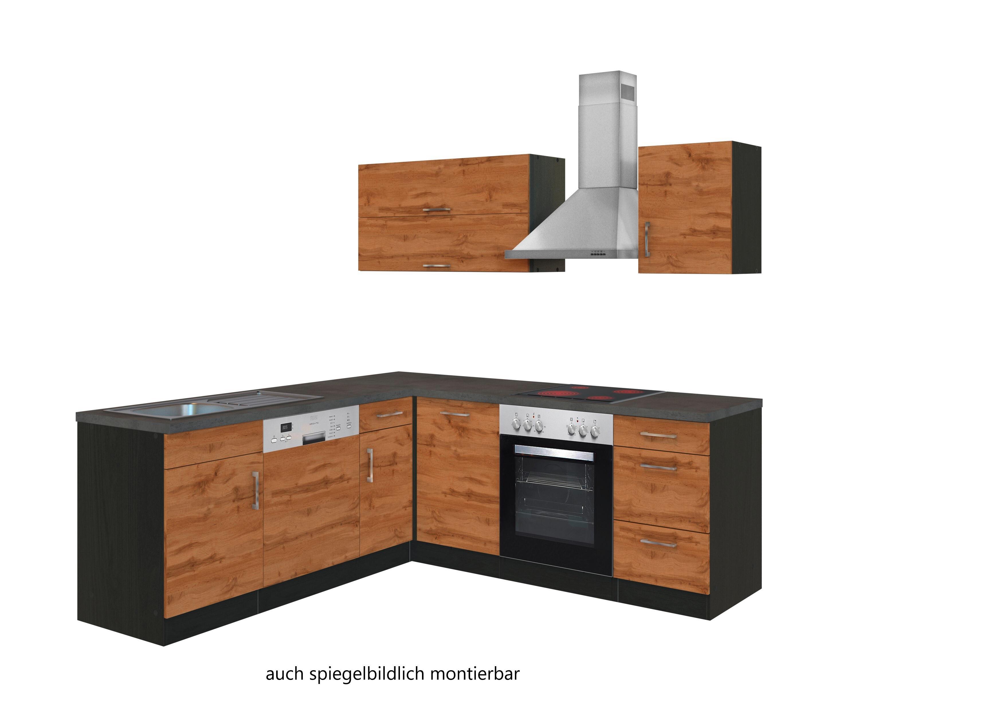 Eckküche Winkelblock Mit Geräten 210x150 Cm Eichefarben - Schieferfarben/Eiche Wotan, MODERN, Holzwerkstoff (210/210cm) - Held