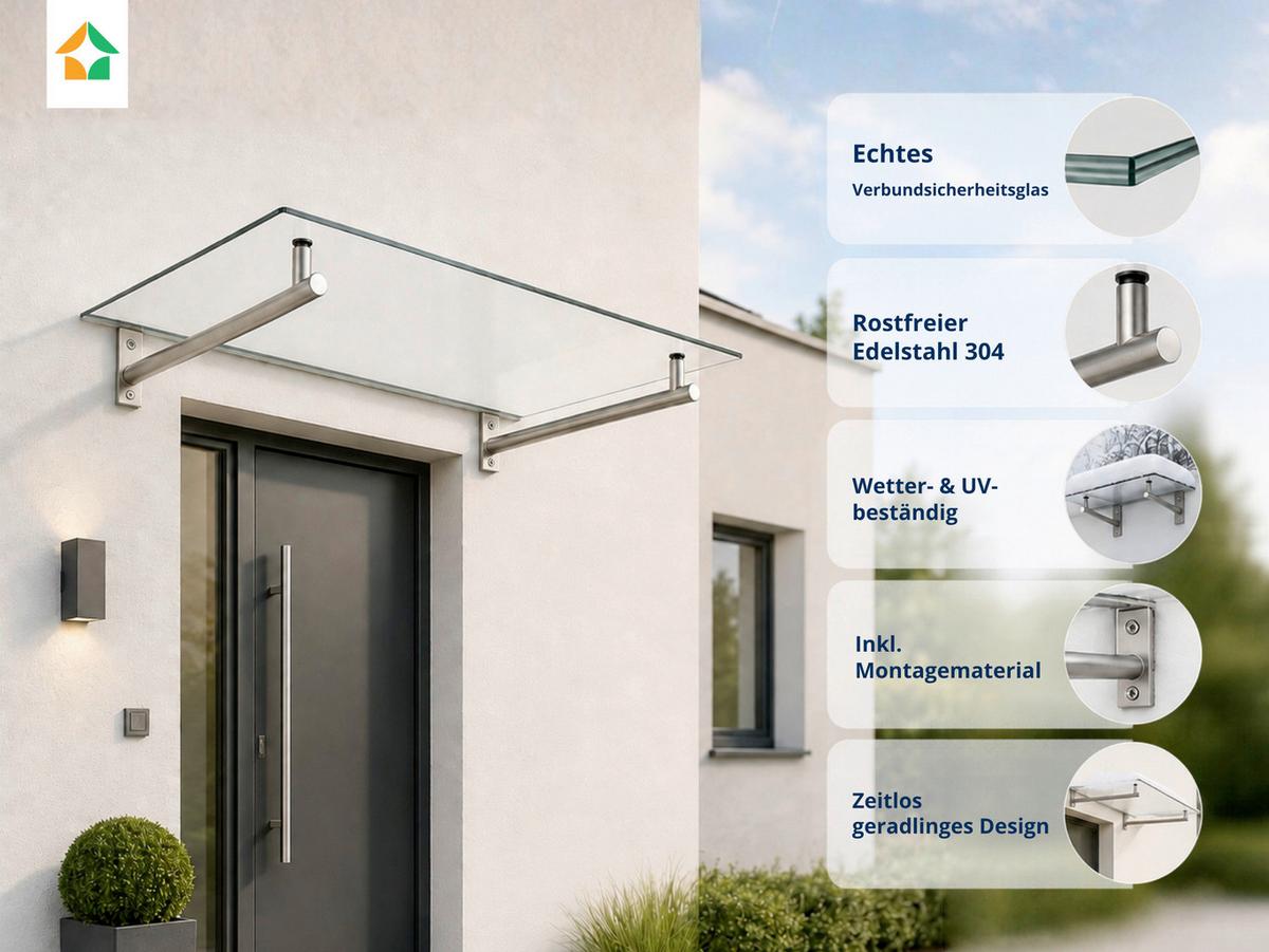 Vordach mit VSG Sicher- heitsglas, 140x80 cm - Basics (140/1/80cm)
