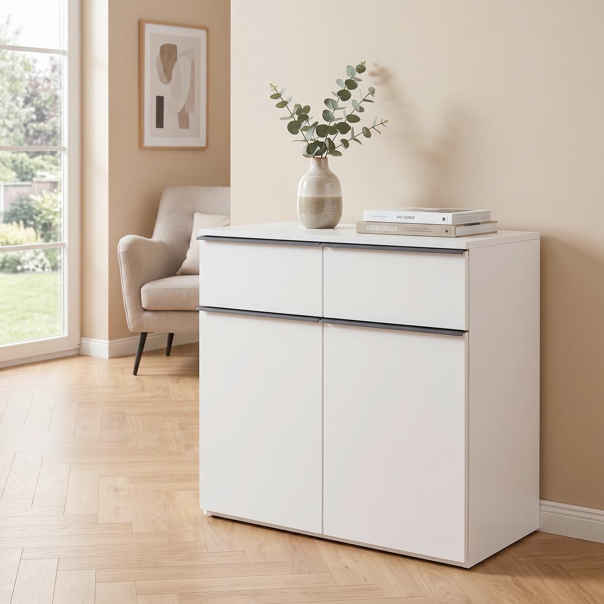 Kommode B: 90 cm Lucca, Weiß/Grau - Weiß, MODERN, Holzwerkstoff (90/88/44cm)