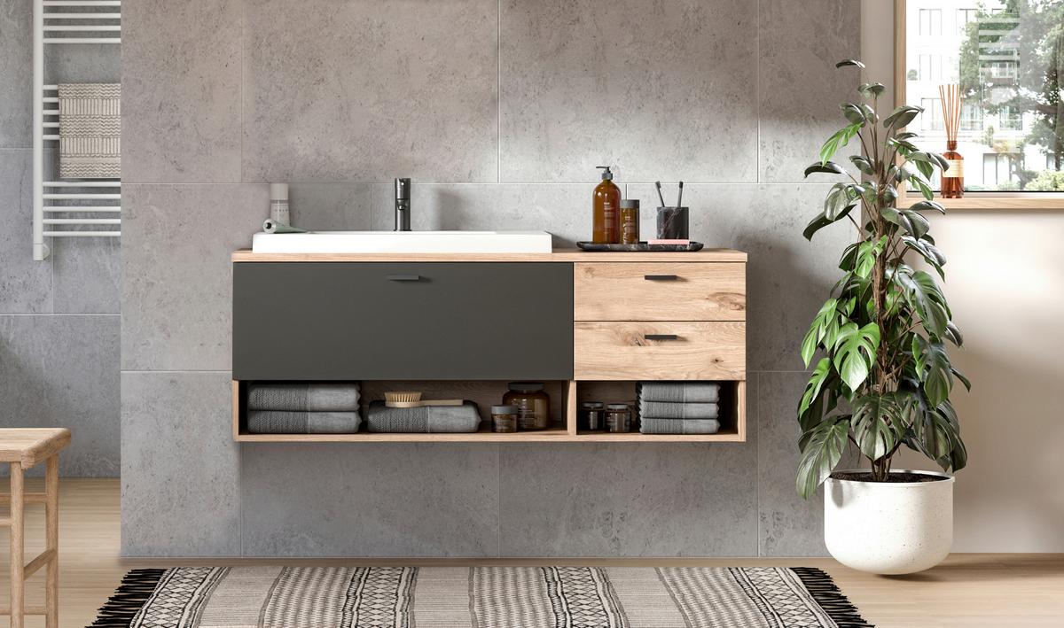 Waschtischkombi Grado Eichefarben/grau B: 140 Cm - Eichefarben/Weiß, MODERN, Holzwerkstoff/Kunststoff (140cm) - MID.YOU