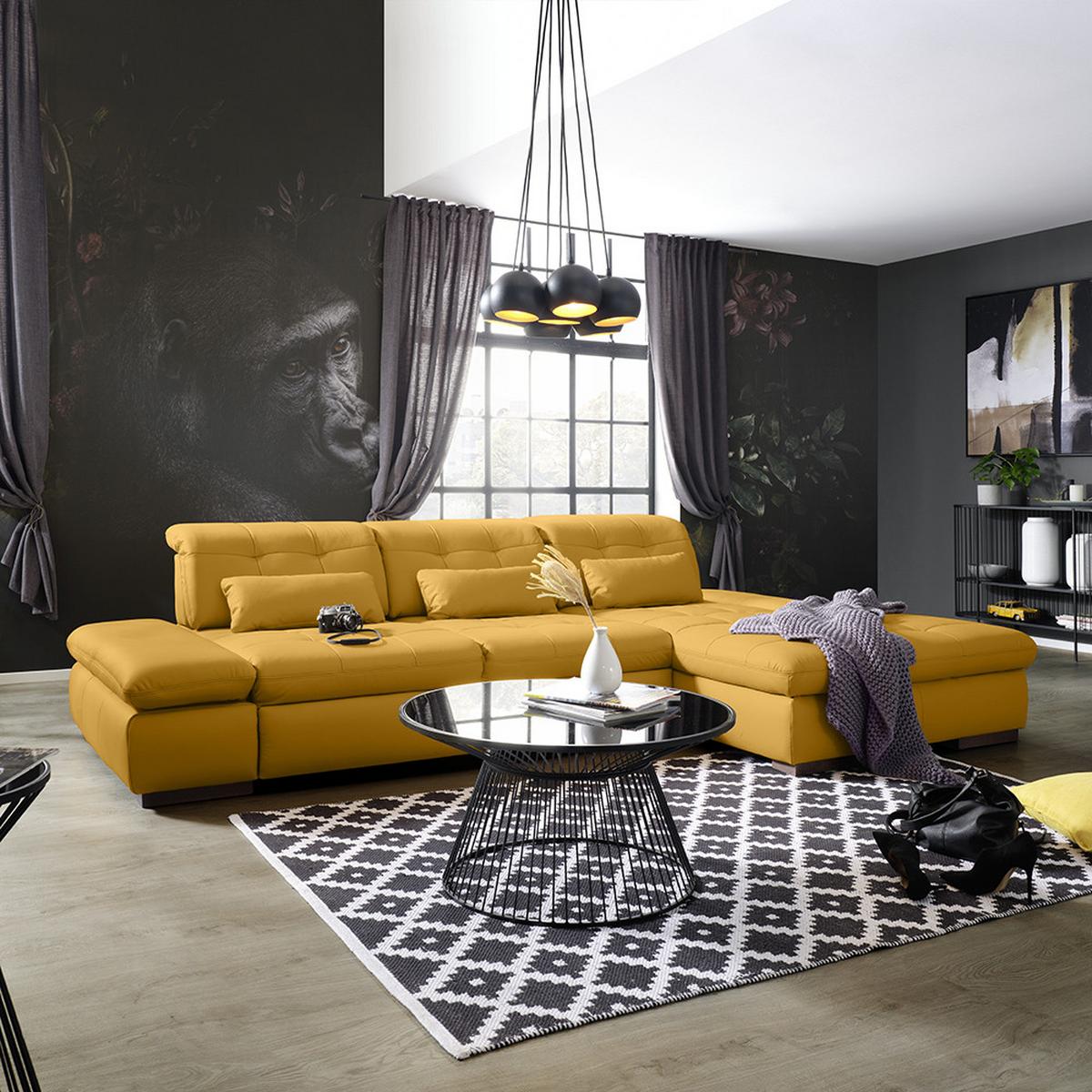 Rohová sedačka SANFINO, pravá, žlutá pravá kůže - barvy chromu/žlutá, Konvenční, kov/kůže (305/79-96/199cm) - Premium Living