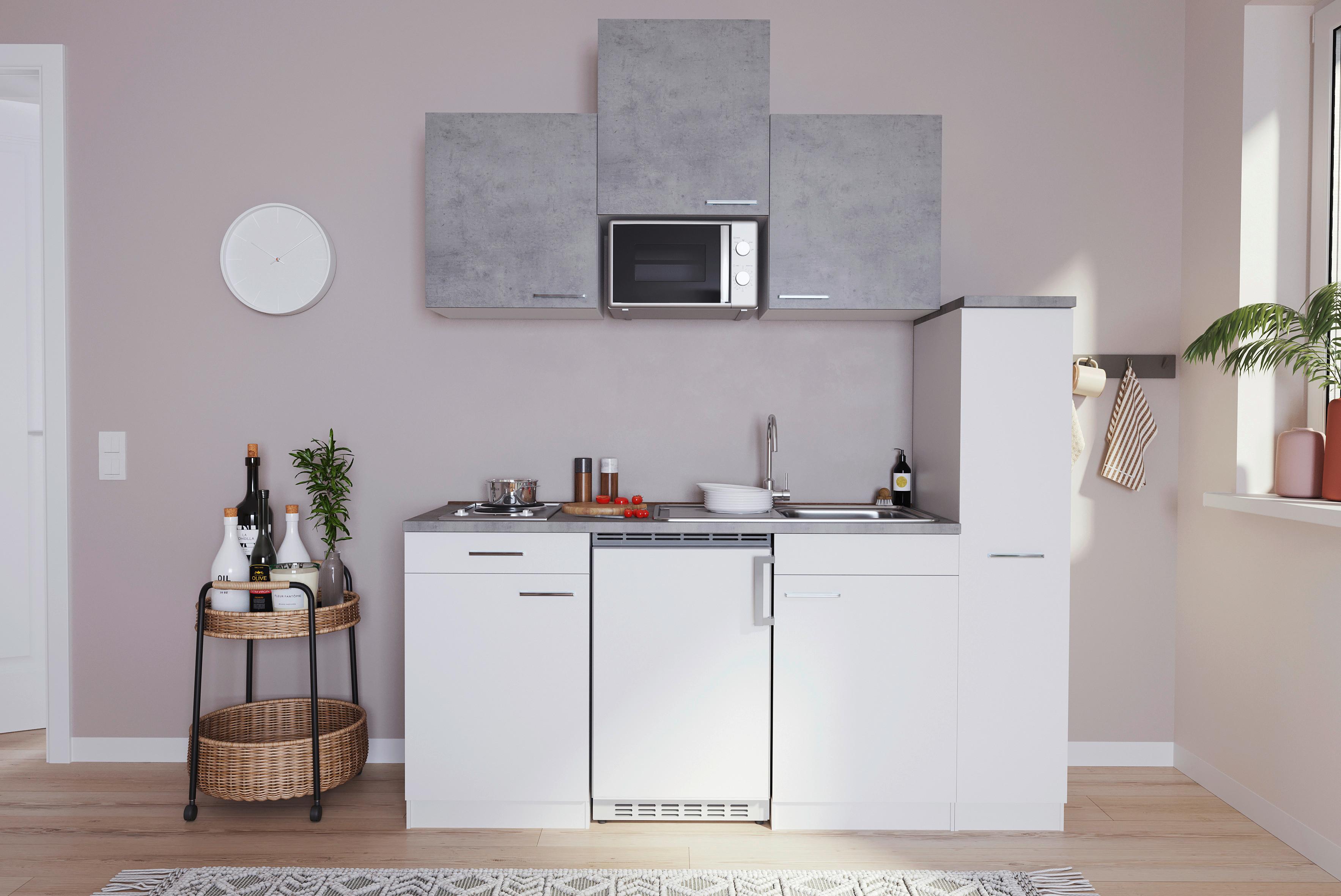 Küchenzeile Economy m. Geräten 180 cm Weiß/Beton Dekor modern - Hellgrau/Weiß, MODERN, Holzwerkstoff (180cm) - Respekta