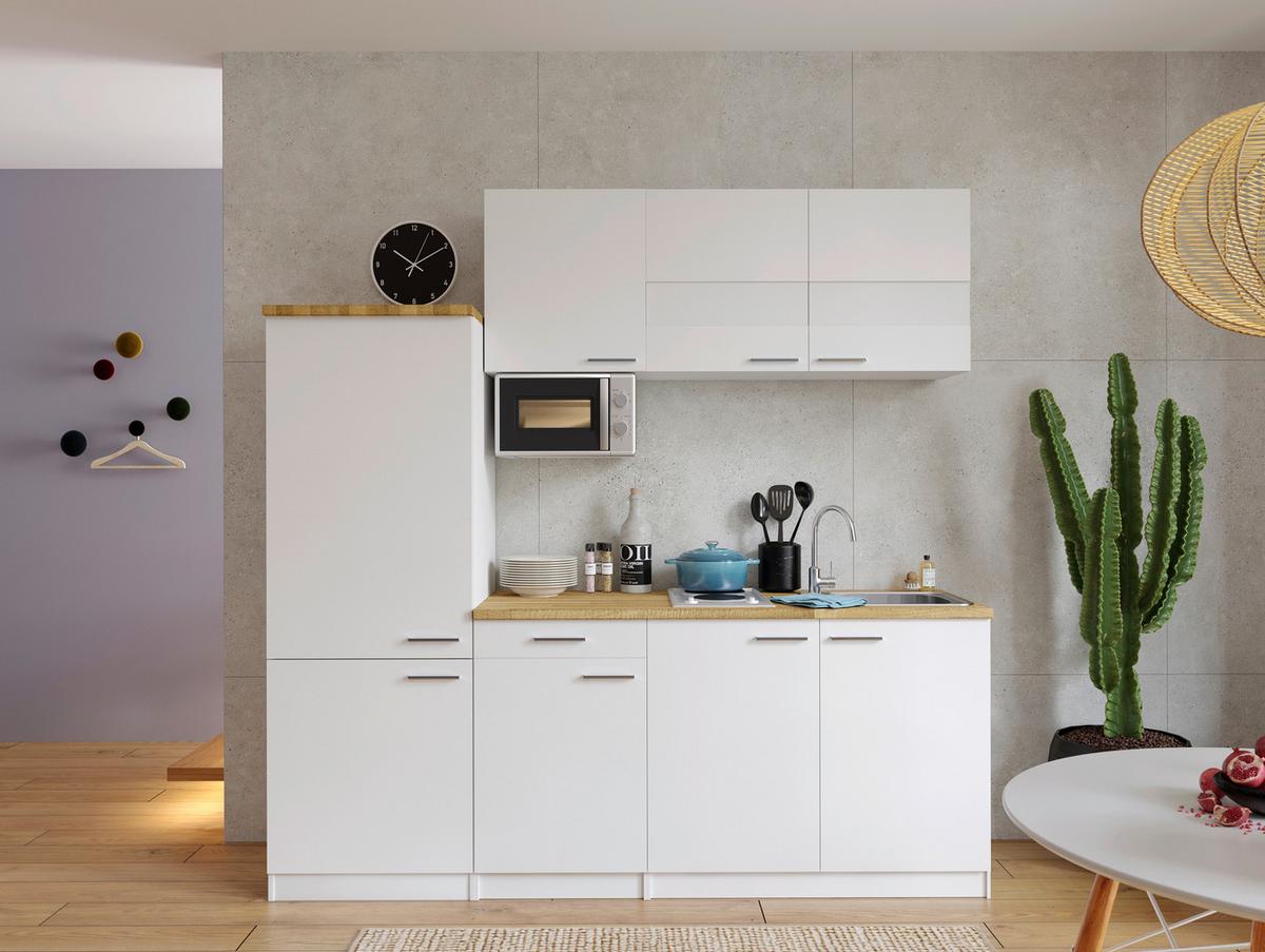 Küchenzeile mit Geräten 210 cm Weiß/Nuss Dekor - Nussbaumfarben/Weiß, KONVENTIONELL, Holzwerkstoff (210cm) - Respekta