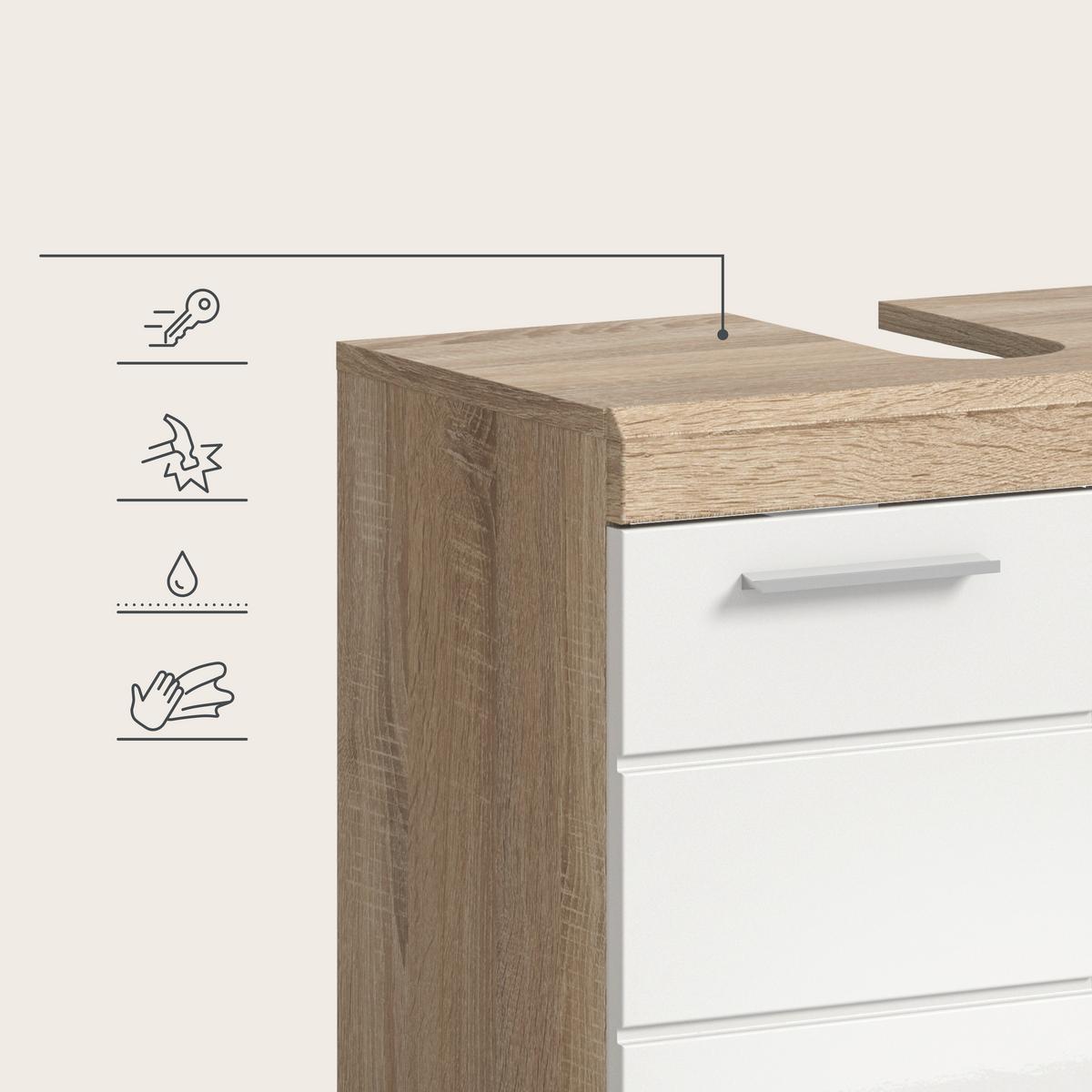 Badezimmer Lambada Eiche Dekor/weiß B: 160 Cm - Weiß Hochglanz/Silberfarben, MODERN, Glas/Holzwerkstoff (160cm) - MID.YOU