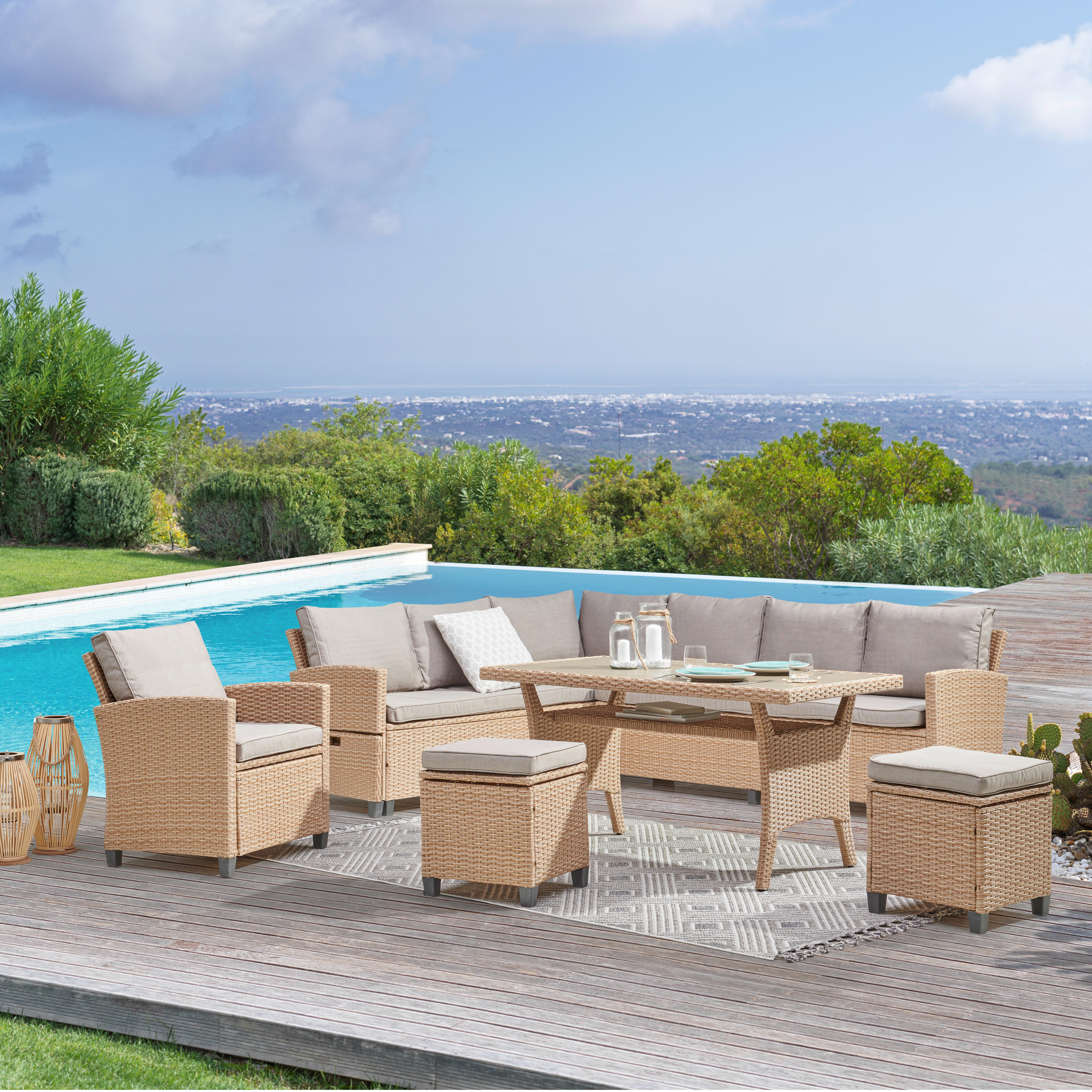 Loungegarnitur 6-tlg. Porto- Multi, Polyrattan Mit Kissen - Hellbraun/Grau, MODERN, Kunststoff/Textil (190/237cm) - Beldano