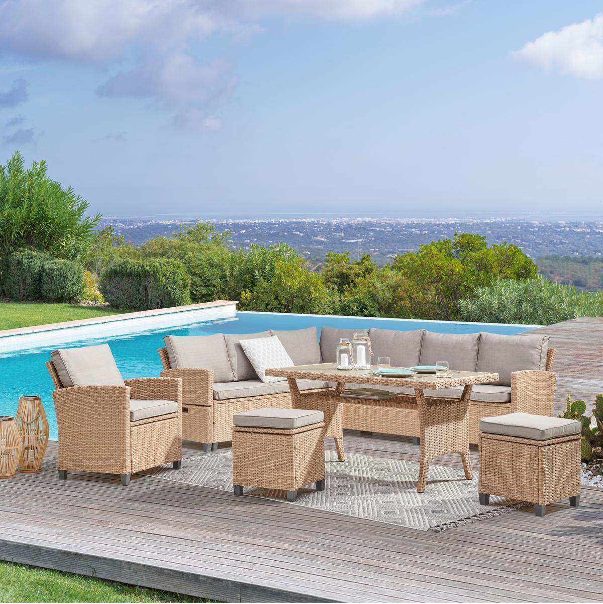 Loungegarnitur 6-tlg. Porto- Multi, Polyrattan Mit Kissen - Hellbraun/Grau, MODERN, Kunststoff/Textil (190/237cm) - Beldano