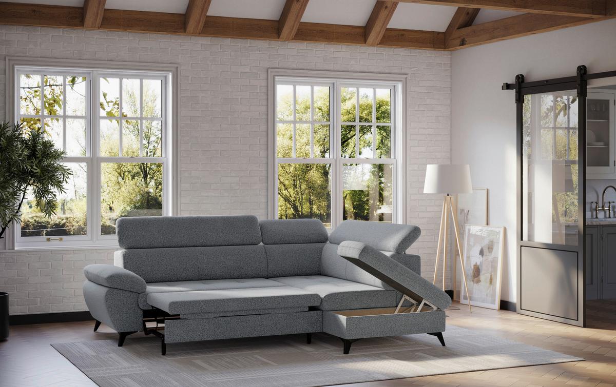 Ecksofa mit Bettfunktion Hudson, Chenille grau - Schwarz/Grau, KONVENTIONELL, Textil (256/207cm) - Sembella