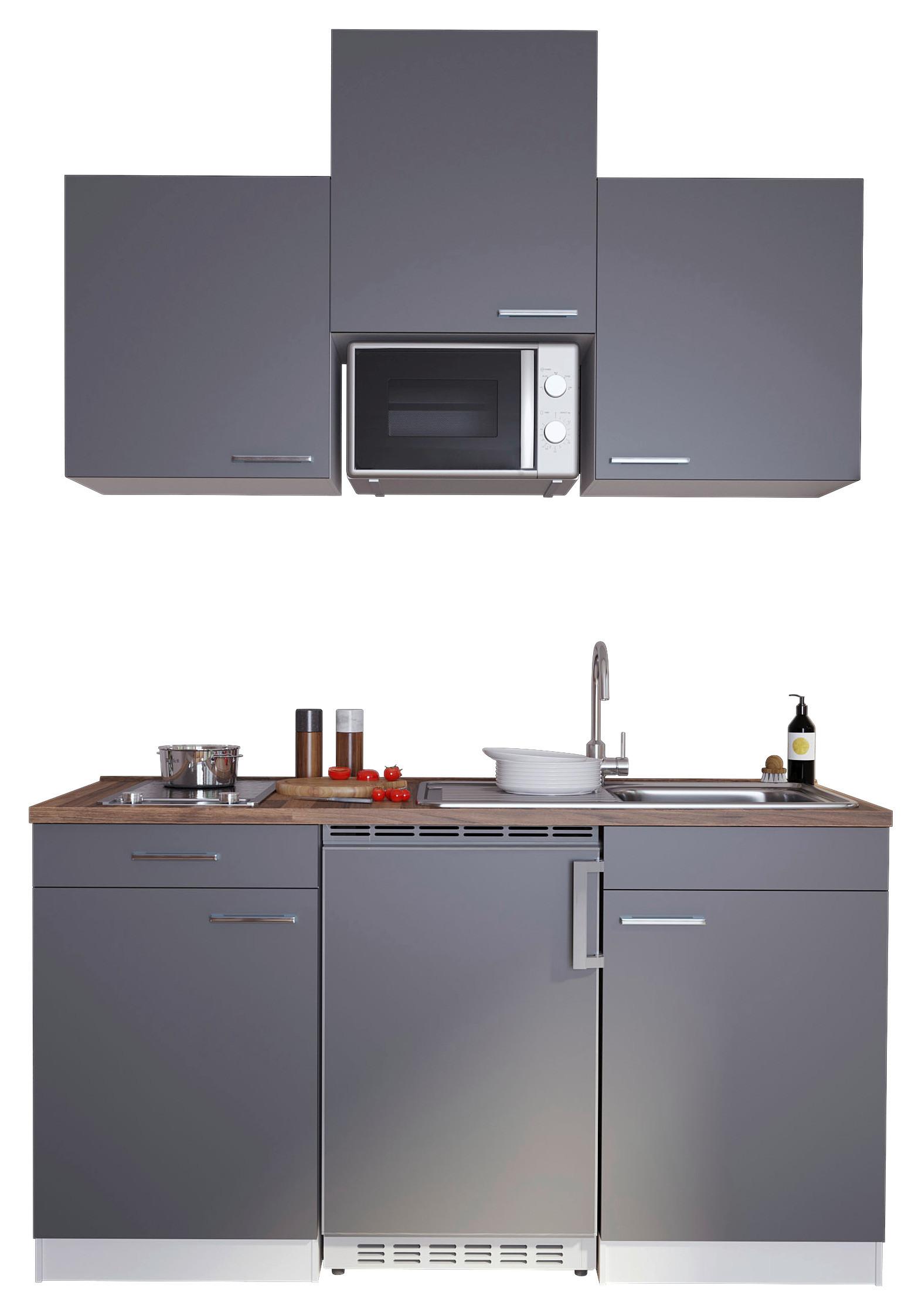 Miniküche Economy mit Geräten 150 cm Grau/Nussbaum Dekor - Nussbaumfarben/Weiß, Basics, Holzwerkstoff (150cm) - Respekta