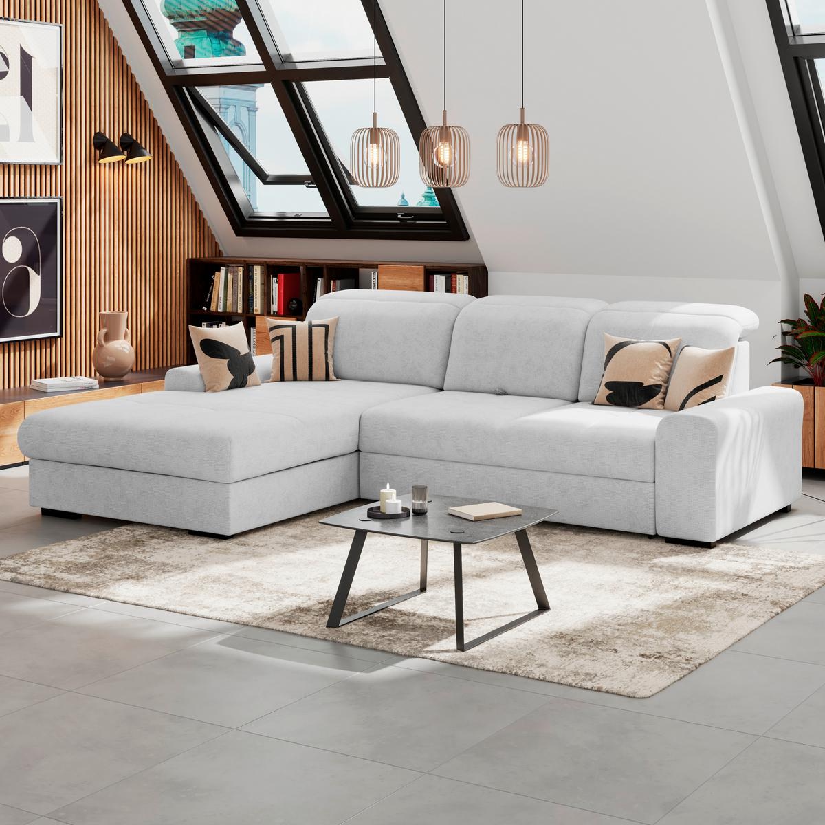 Ecksofa mit Bettfunktion Malaga new Chenille silber - Silberfarben/Schwarz, KONVENTIONELL, Textil (203/286cm) - Ondega