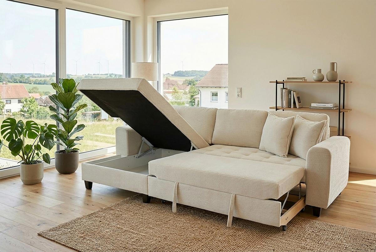 Ecksofa Moritz Creme S: ca. 155x265 cm - Creme, Trend, Textil (155/265cm)