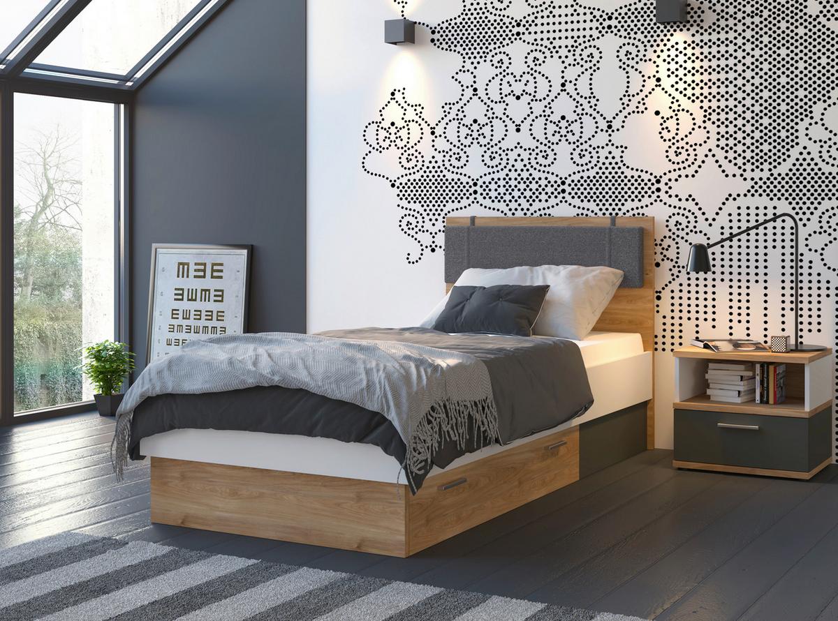 Postel TWENTY 90x200,dekor bílá/grafit/dub - bílá/barvy dubu, Moderní, kompozitní dřevo/plast (90/200cm) - Modern Living