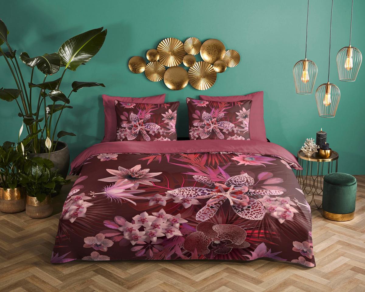 Wendebettwäsche 140x200 cm Farze Descanso Bordeaux Blume - Bordeaux, Basics, Textil (140/200cm)