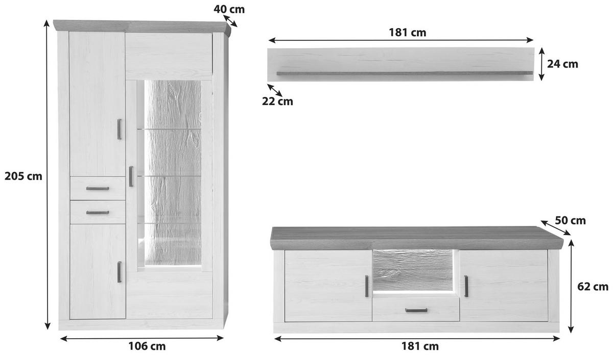 Wohnkombination 3-Tlg. Madrid Eiche-/Pinienfarben - Eichefarben/Schwarz, Design, Glas/Holzwerkstoff (297/205/50cm) - MID.YOU