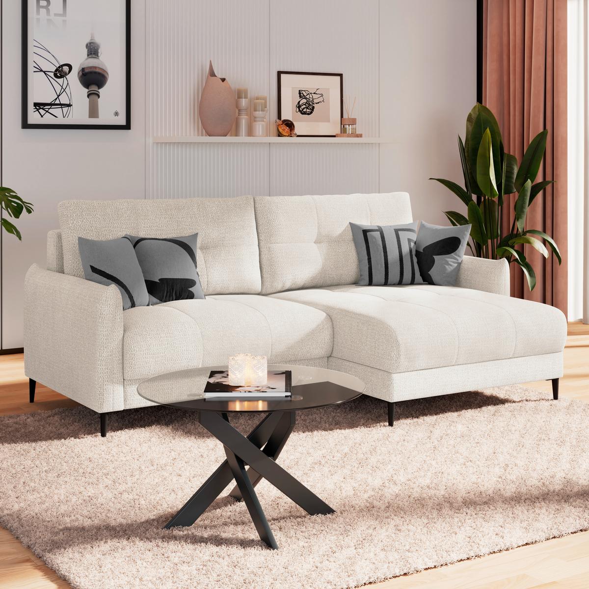 Ecksofa Polis Webstoff weiß, 221x142cm - Schwarz/Weiß, Trend, Textil (221/142cm) - Ondega